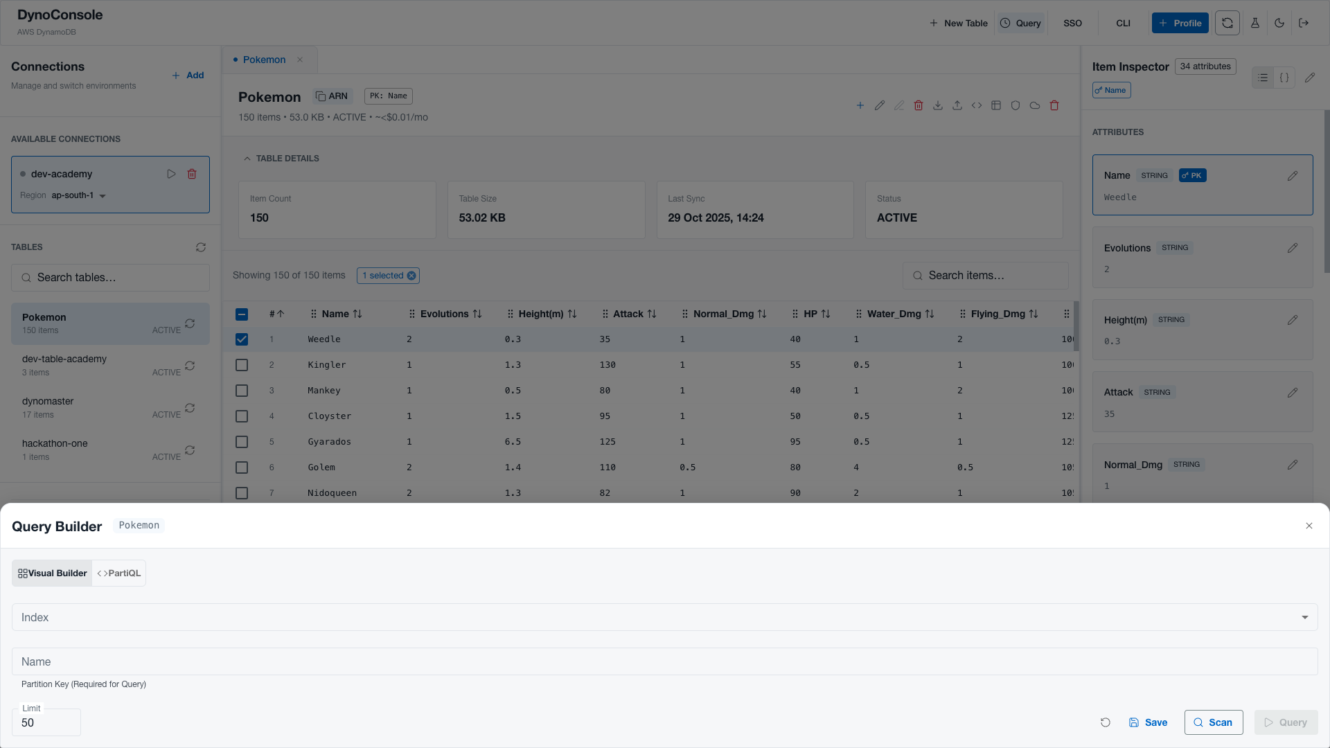 Tables by Serverless Creed guided query builder with PartiQL autocomplete