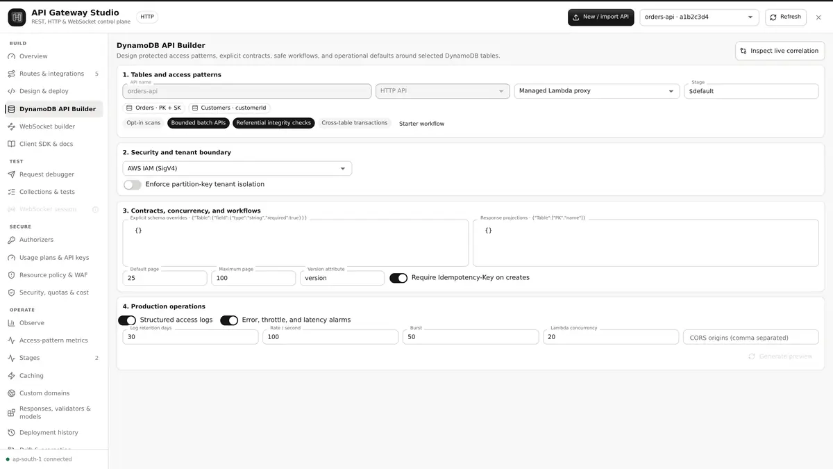 DynamoDB API Builder configuring tables, access patterns, SigV4 security, tenant isolation, contracts and production defaults