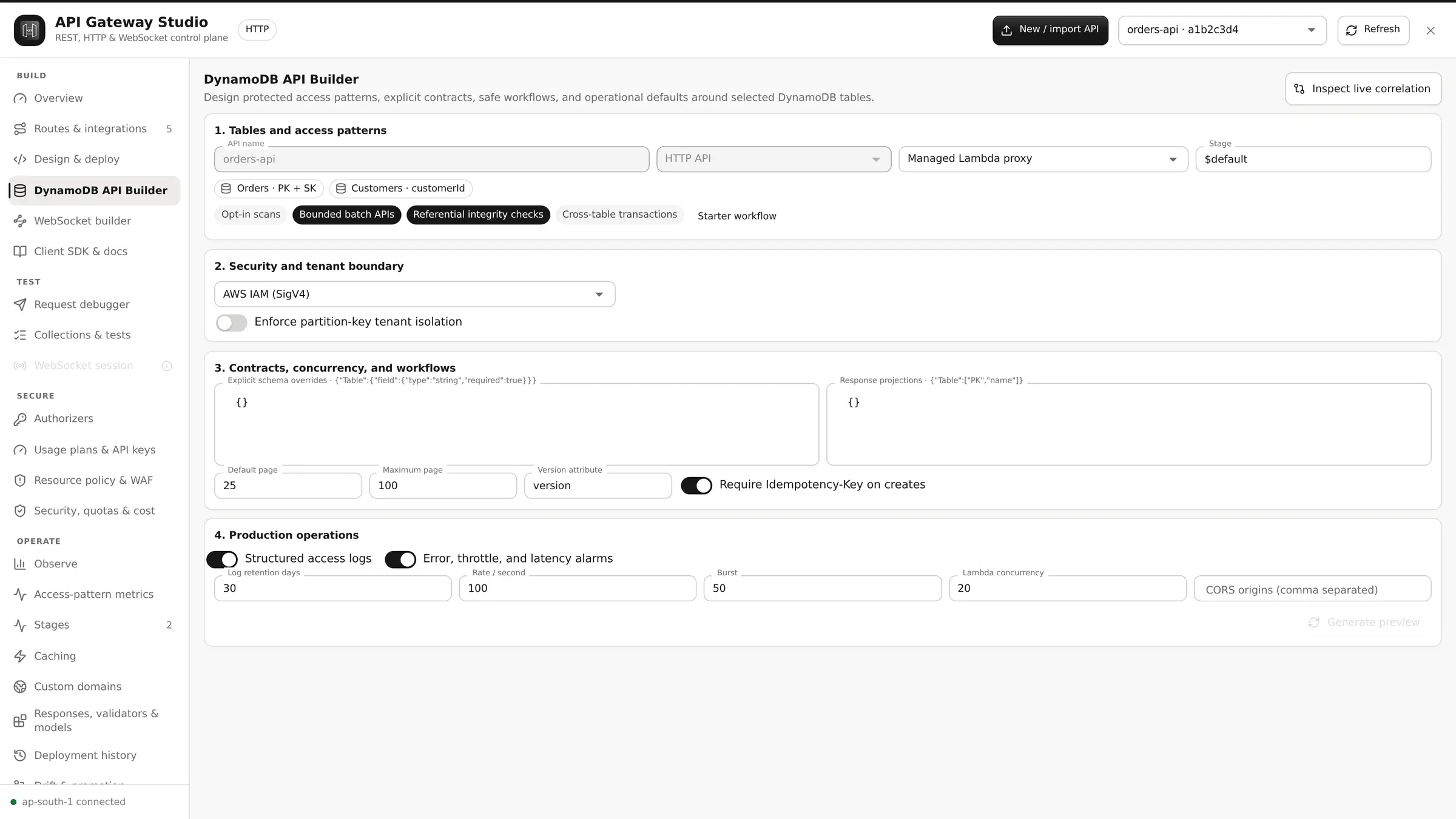 DynamoDB API Builder configuring tables, access patterns, SigV4 security, tenant isolation, contracts and production defaults