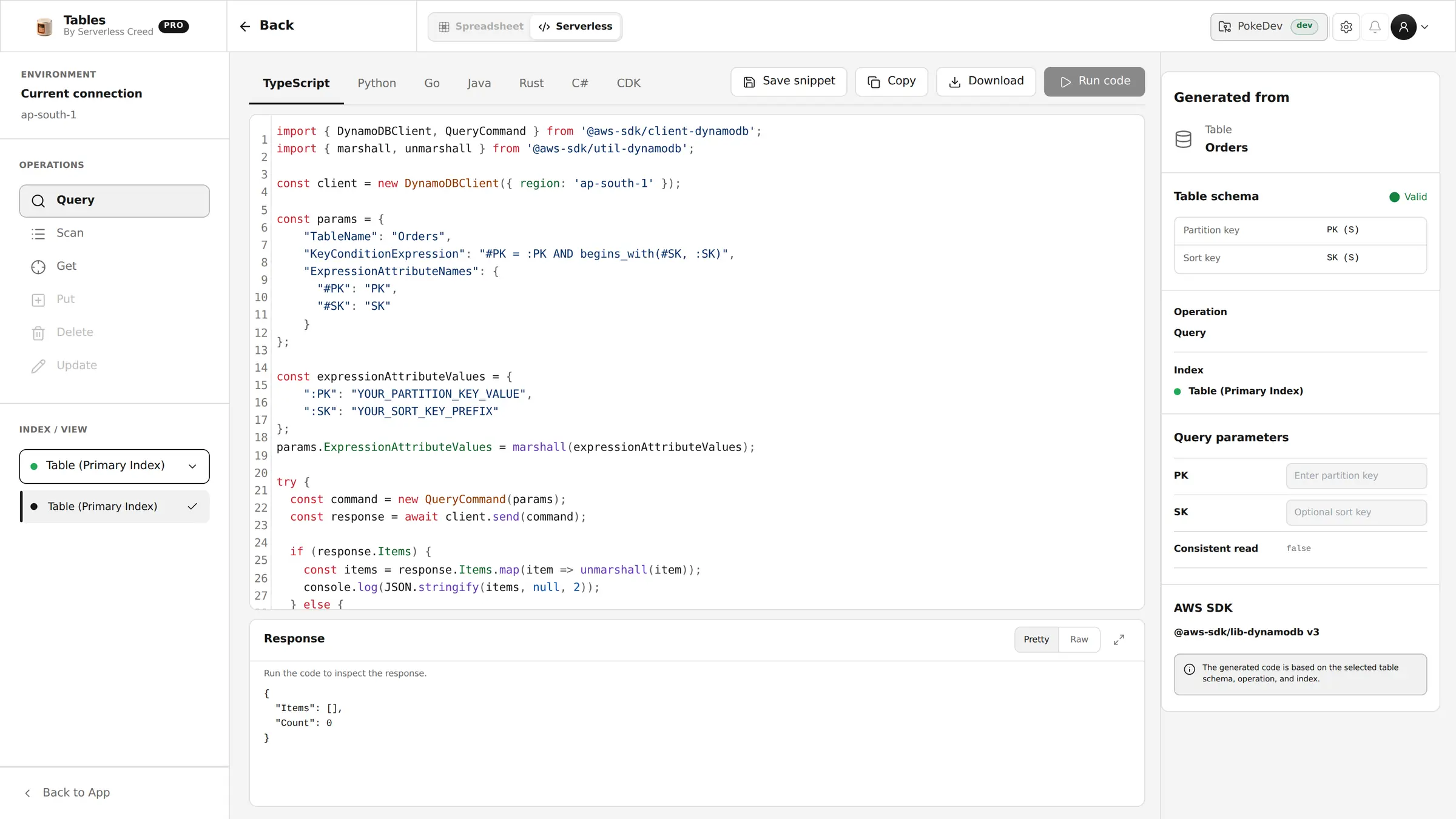 Generated TypeScript AWS SDK v3 query code for the Orders table with language tabs for Python, Go, Java, Rust, C# and CDK