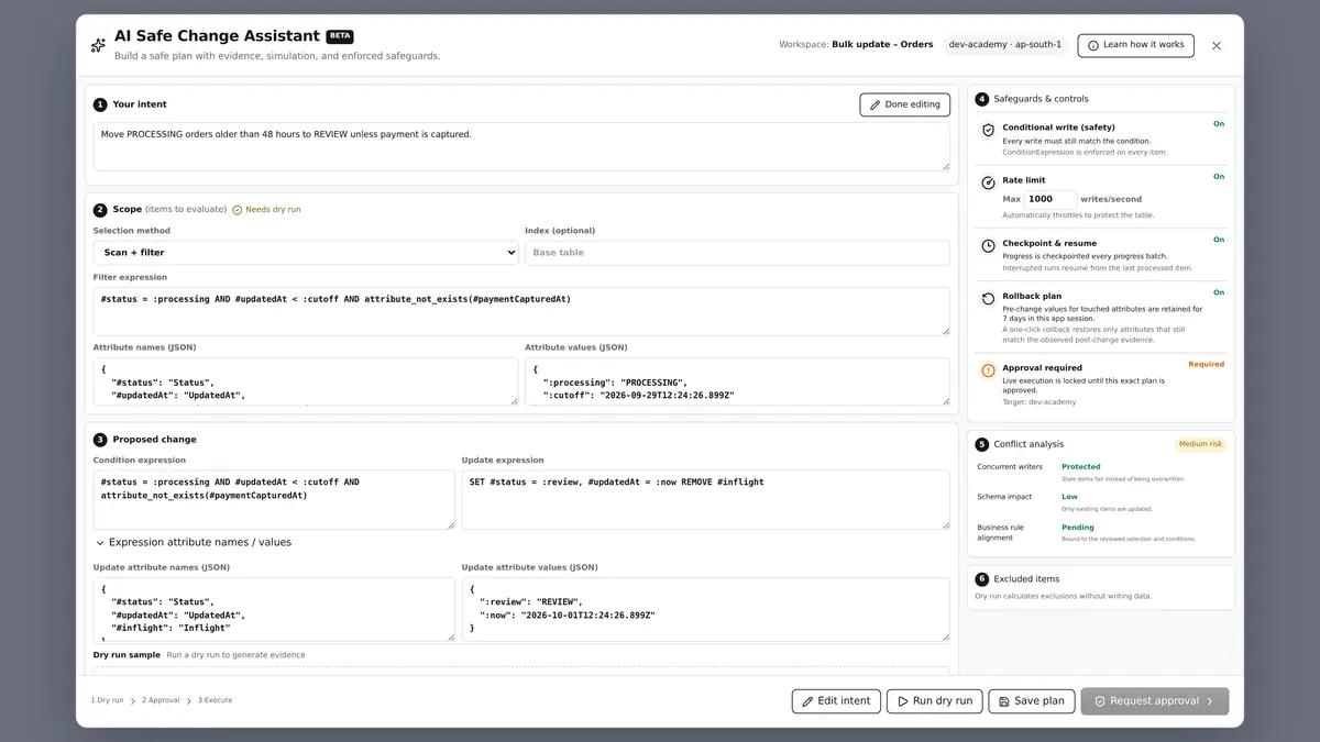 AI Safe Change Assistant turning a plain-English intent into a scoped, rate-limited and checkpointed bulk update