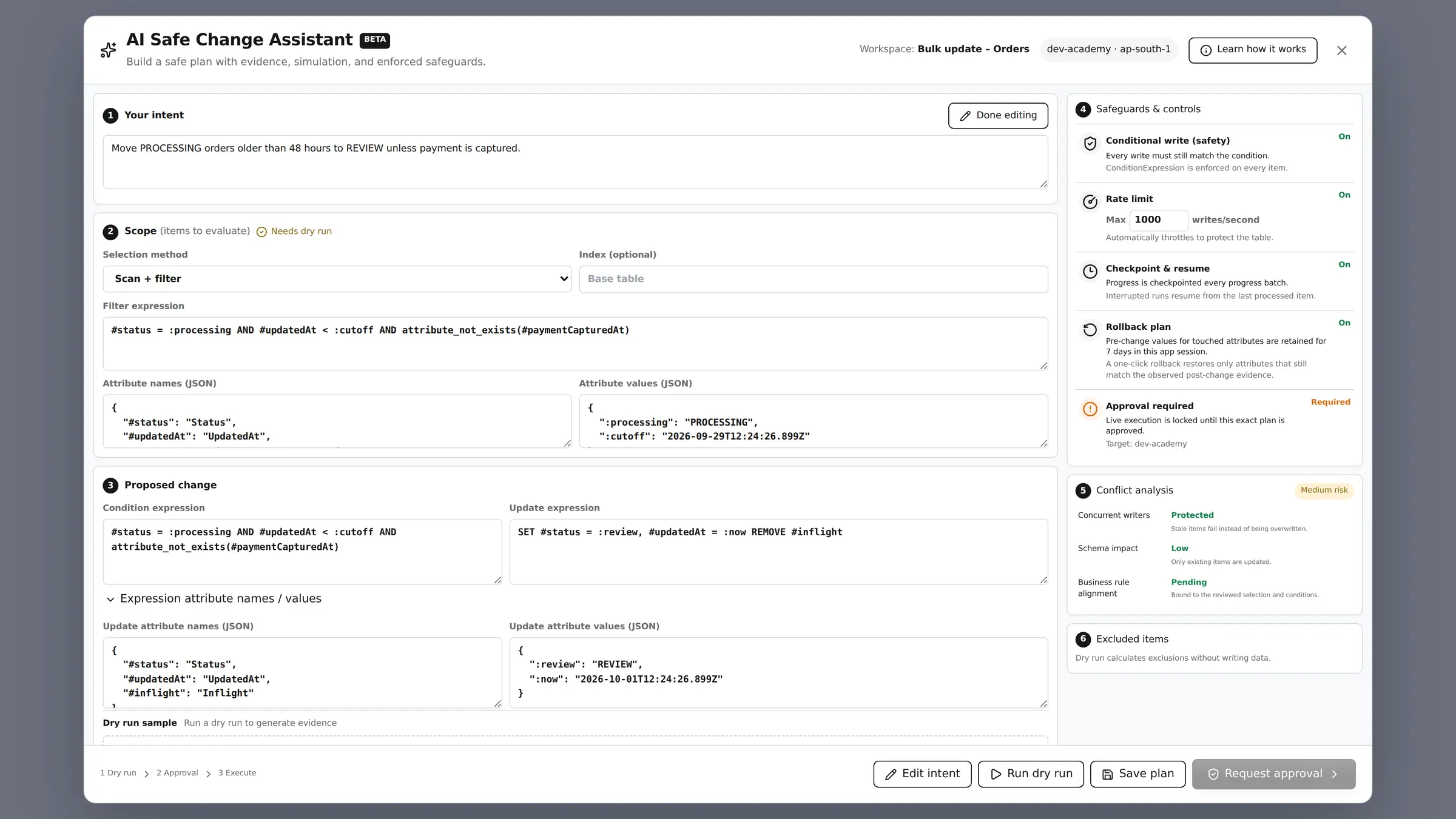 AI Safe Change Assistant turning a plain-English intent into a scoped, rate-limited and checkpointed bulk update