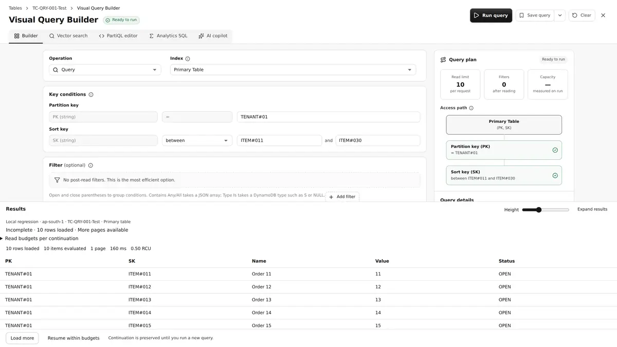 Visual Query Builder with key conditions, access path validation, query plan and paginated results