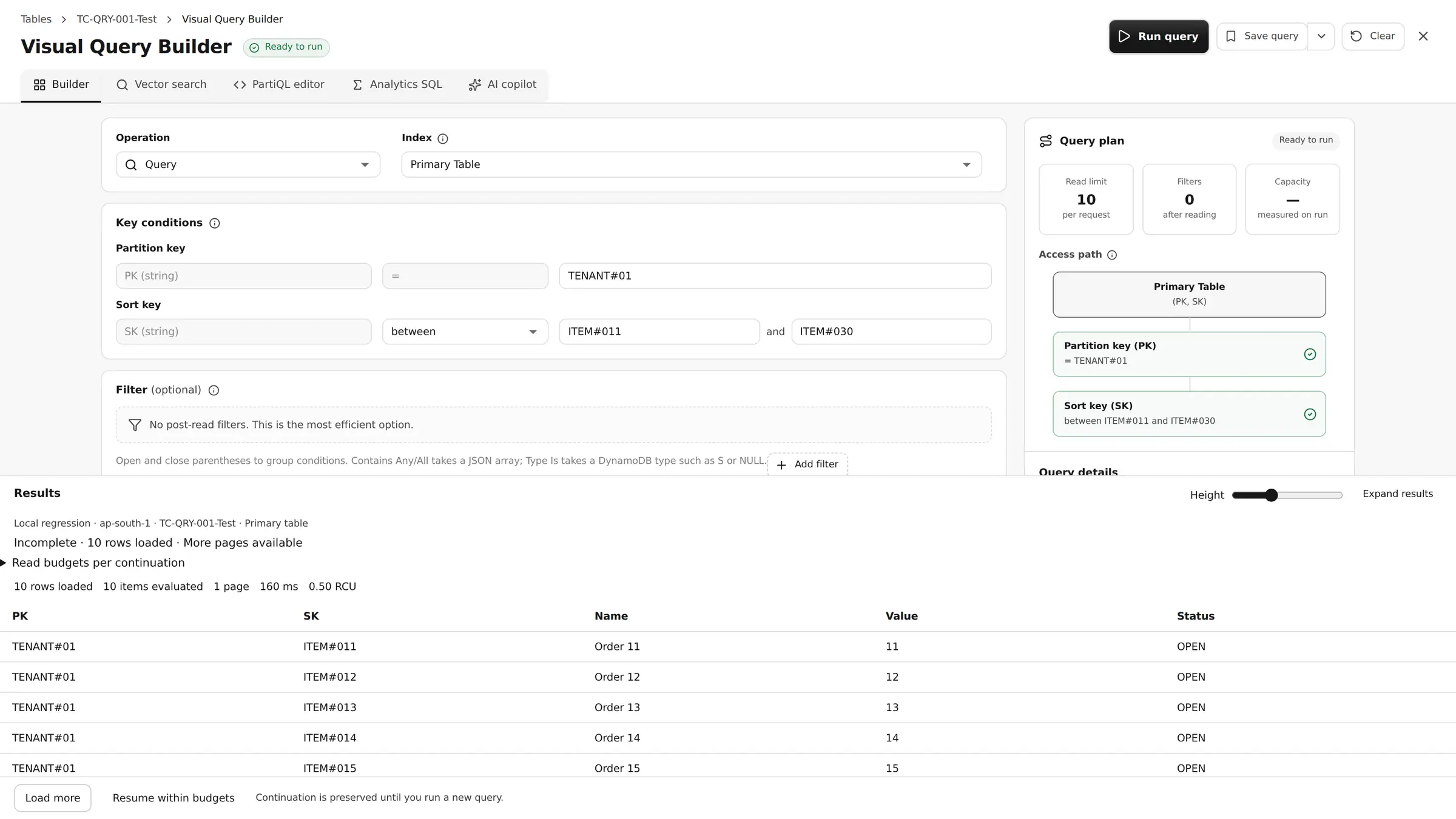 Visual Query Builder with key conditions, access path validation, query plan and paginated results