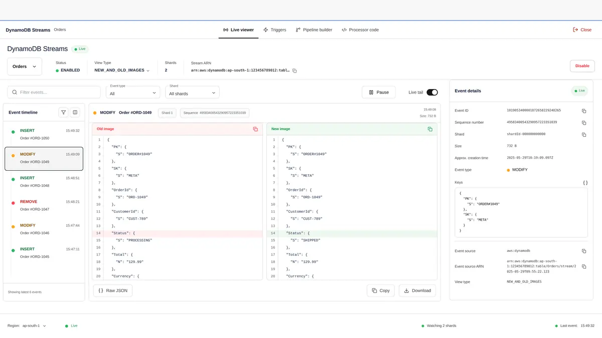 DynamoDB Streams live viewer with an event timeline and a side-by-side old and new image diff