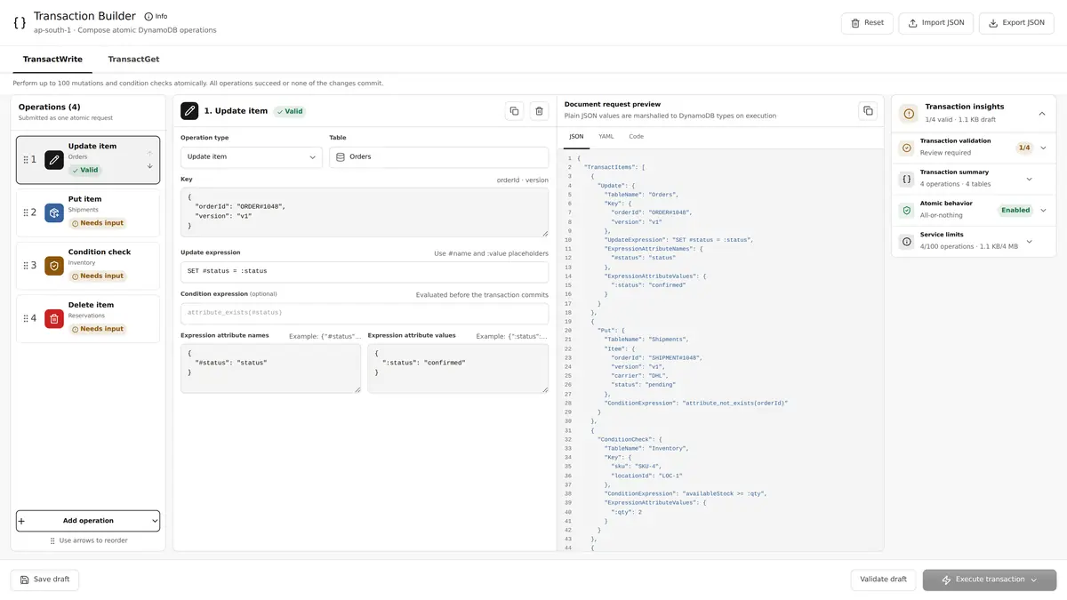Transaction builder composing update, put, condition check and delete operations into one atomic request