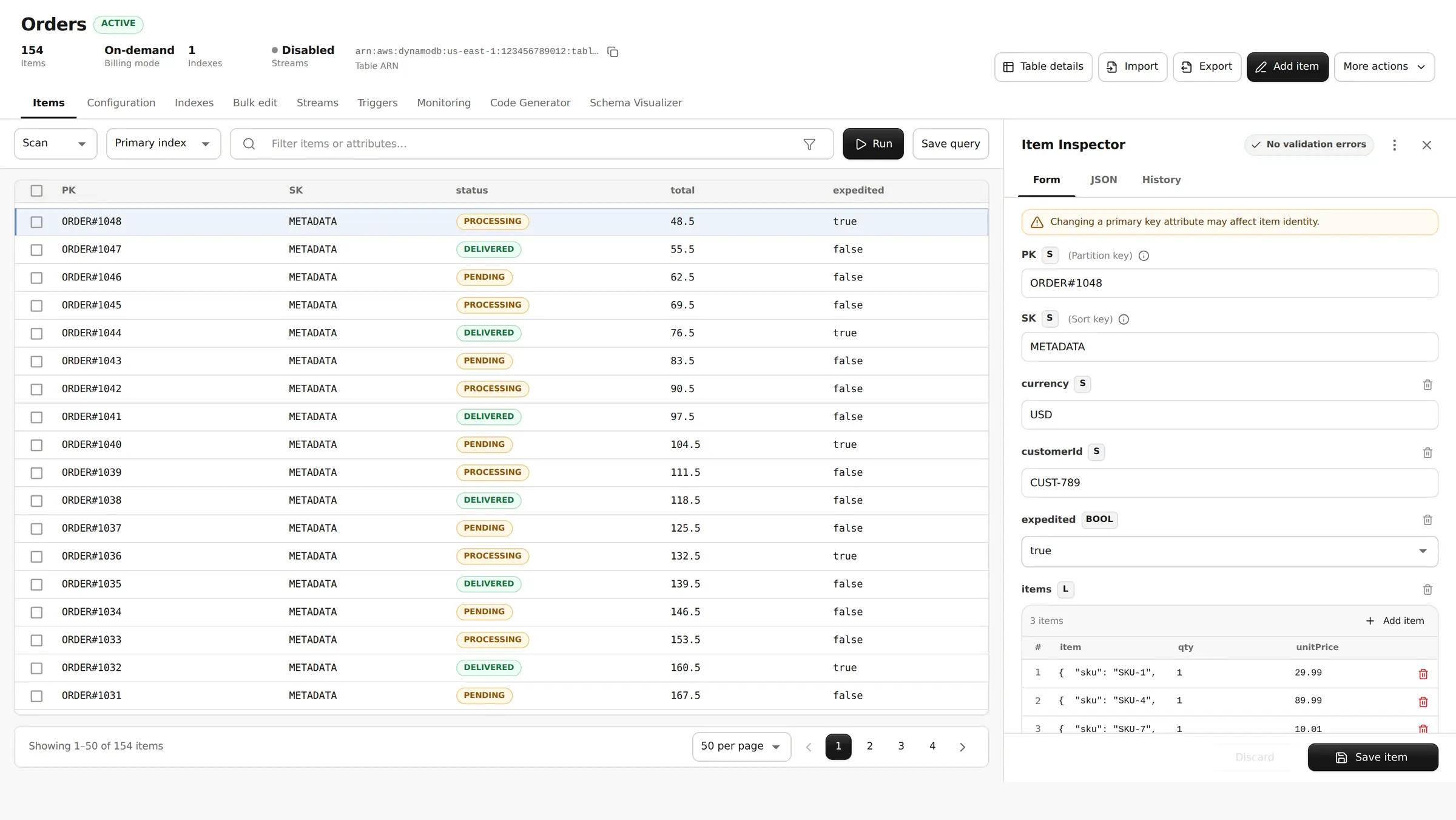 Tables showing the Orders table: item grid with status chips, scan bar and a type-aware item inspector