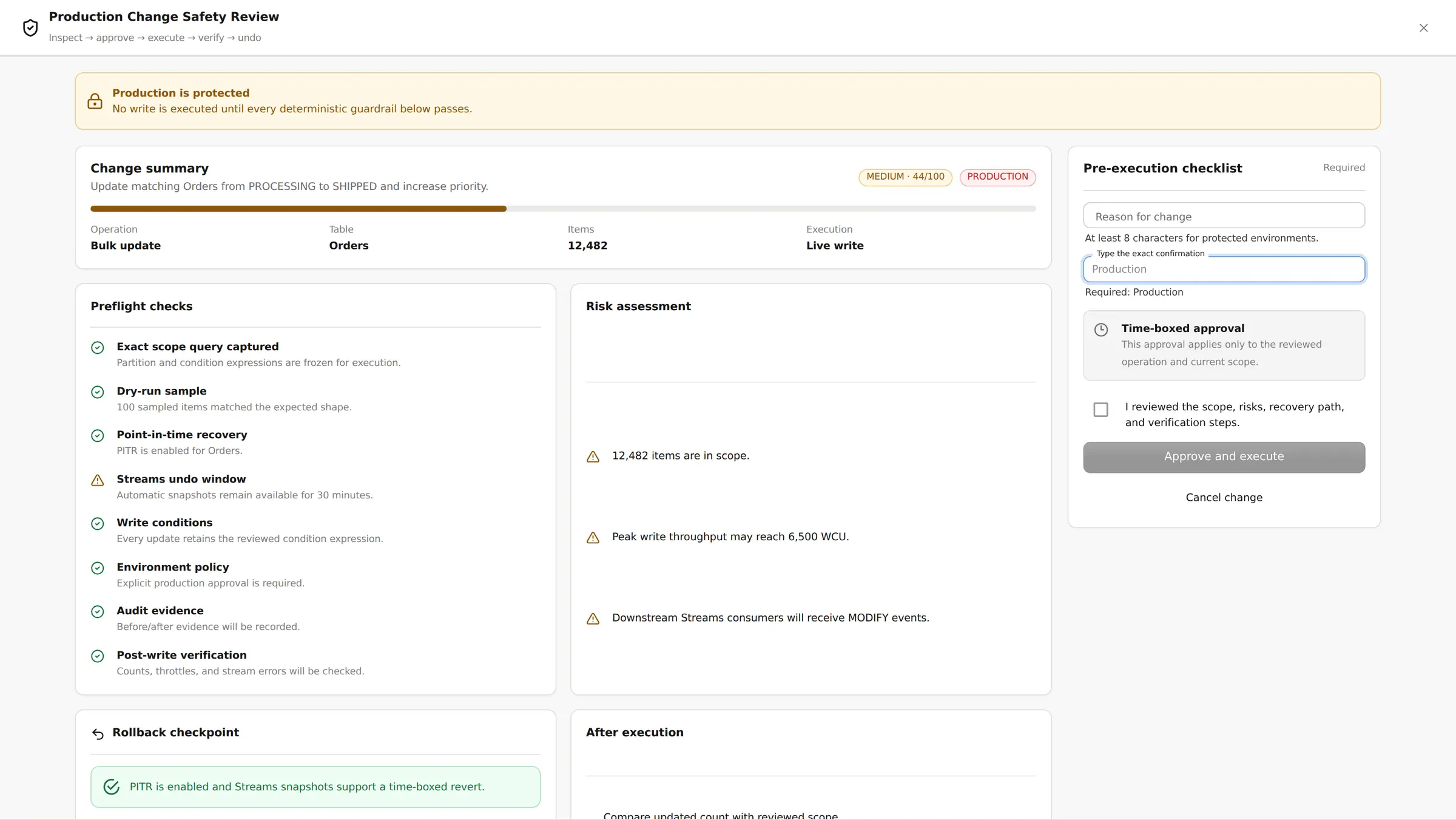Production change safety review with preflight checks, risk assessment, typed confirmation and rollback checkpoint